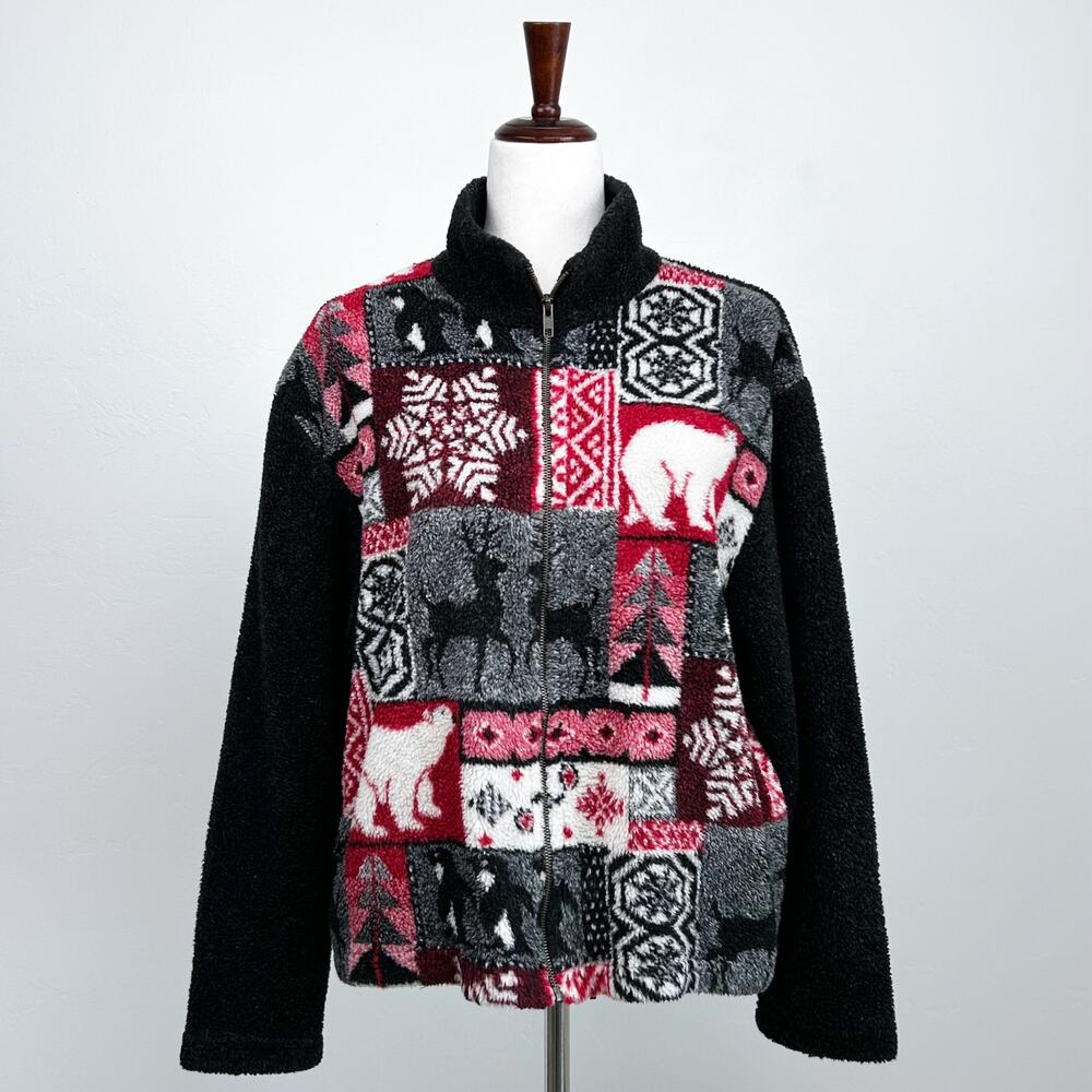Vintage Red Black Cabincore Winter Nordic Holiday Fleece Zip-Up Jacket LARGE